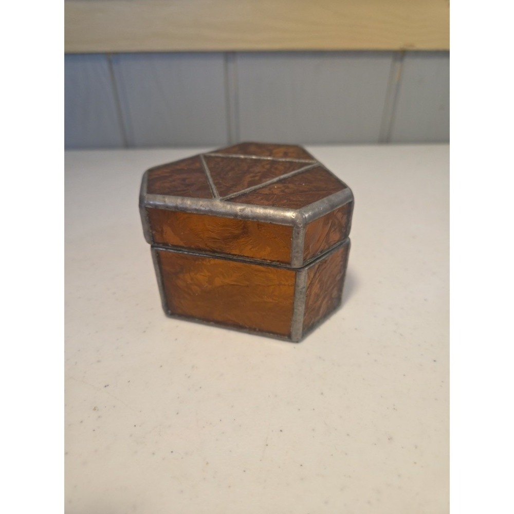 Vintage Stained Amber Glass Lead Jewelry Box Hinged Trinket Dish Lidded Quality